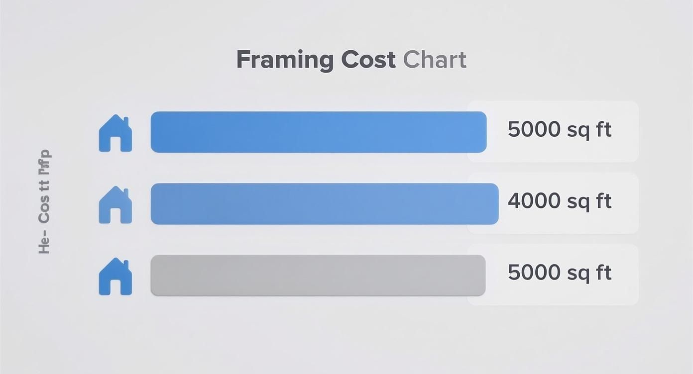 Framing cost comparison chart showing three houses with square footage measurements of 5000, 4000, and 5000