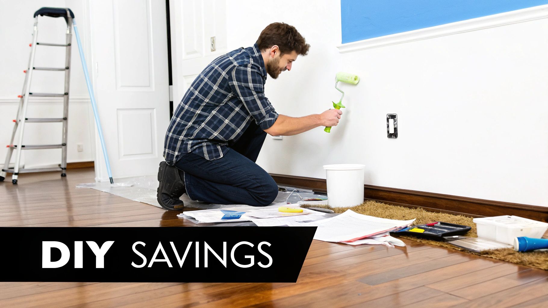 10 Strategic Ways to Save Money Building a House in Middle Tennessee Man painting interior wall with roller demonstrating DIY home improvement savings during house construction