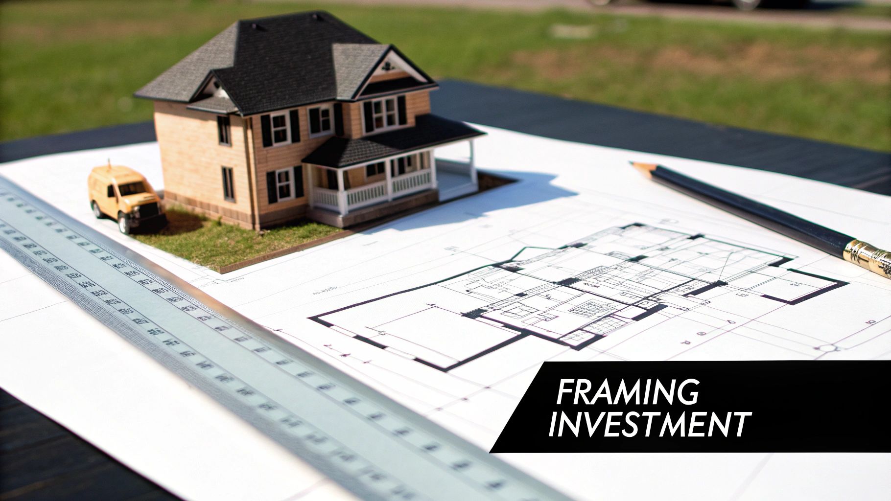 Architectural house model with blueprints, ruler and pencil showing construction planning and framing investment