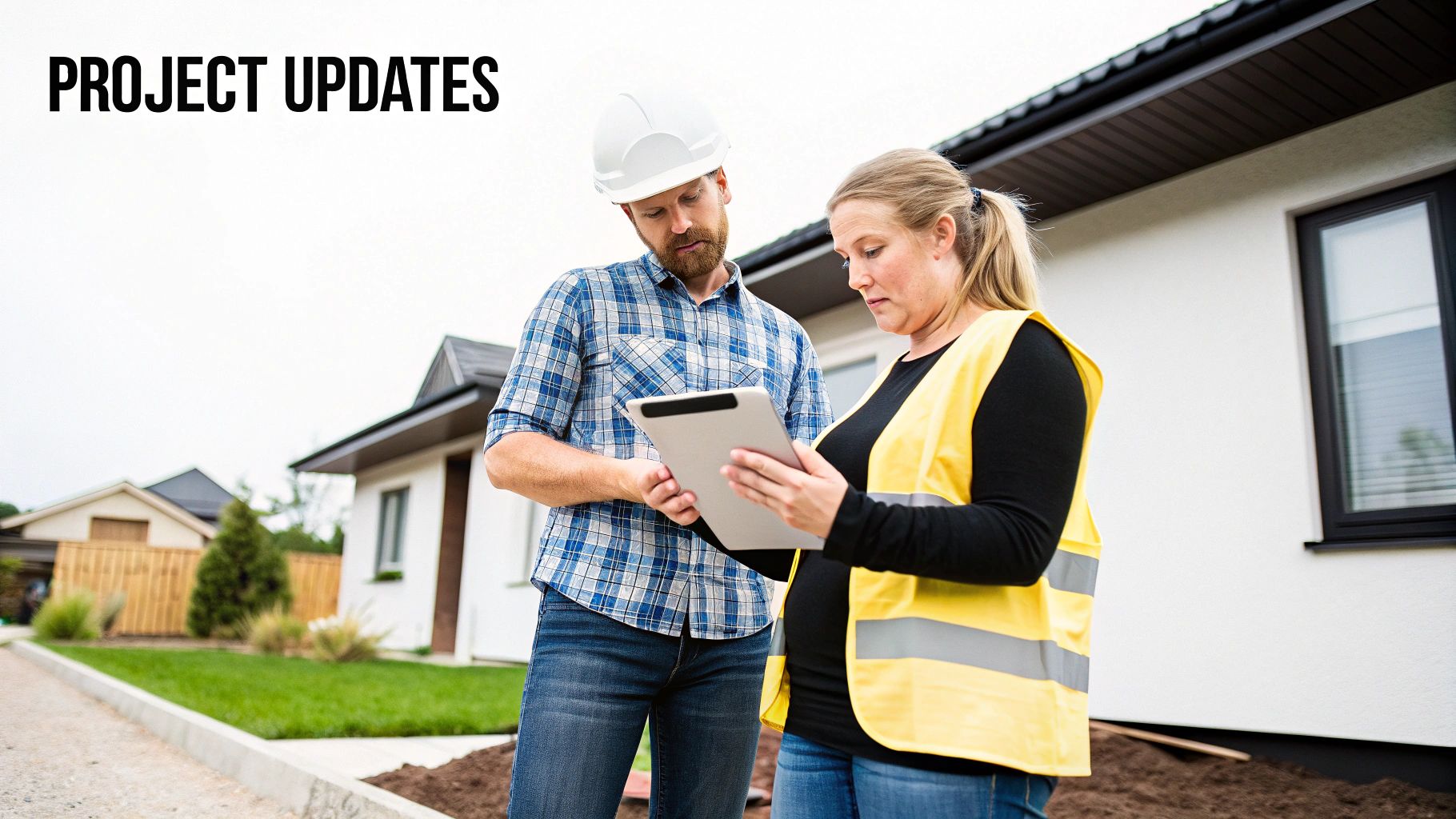Man and woman in construction gear discussing project updates on a tablet at a building site.
