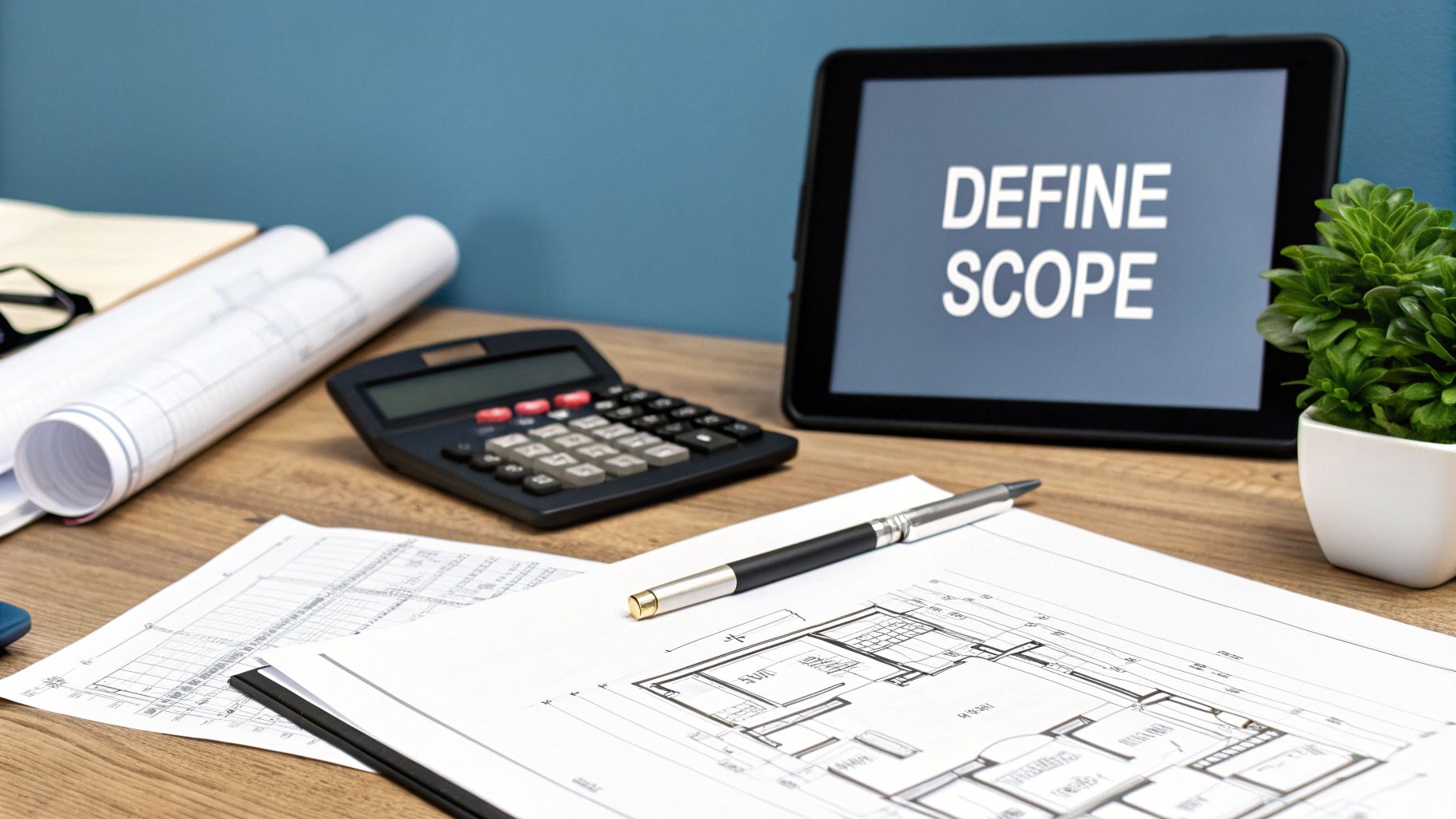How to Choose a Contractor The Right Way A contractor and homeowner reviewing architectural blueprints on a construction site.