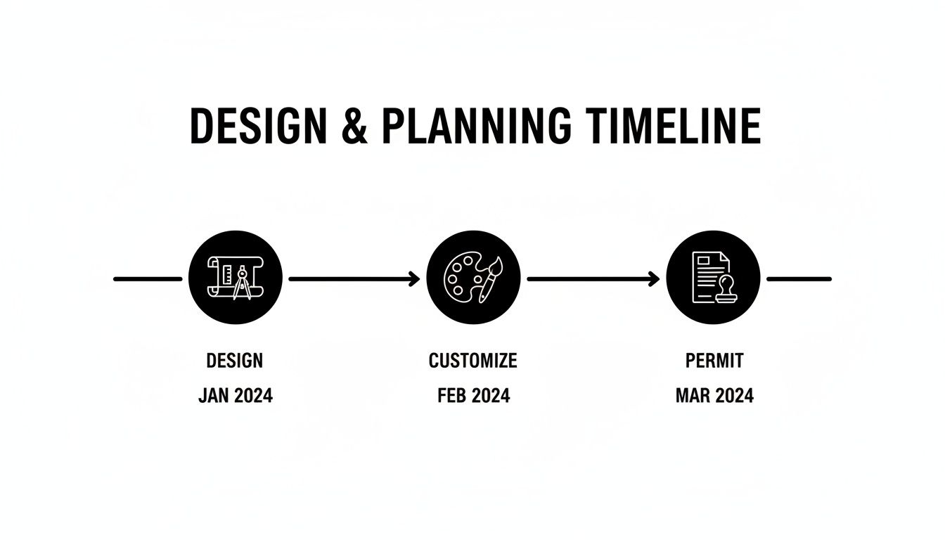 Custom Home Construction Process Nashville: A Guide to Building Your Luxury Home A design and planning timeline showing steps: design (Jan 2024), customize (Feb 2024), and permit (Mar 2024).