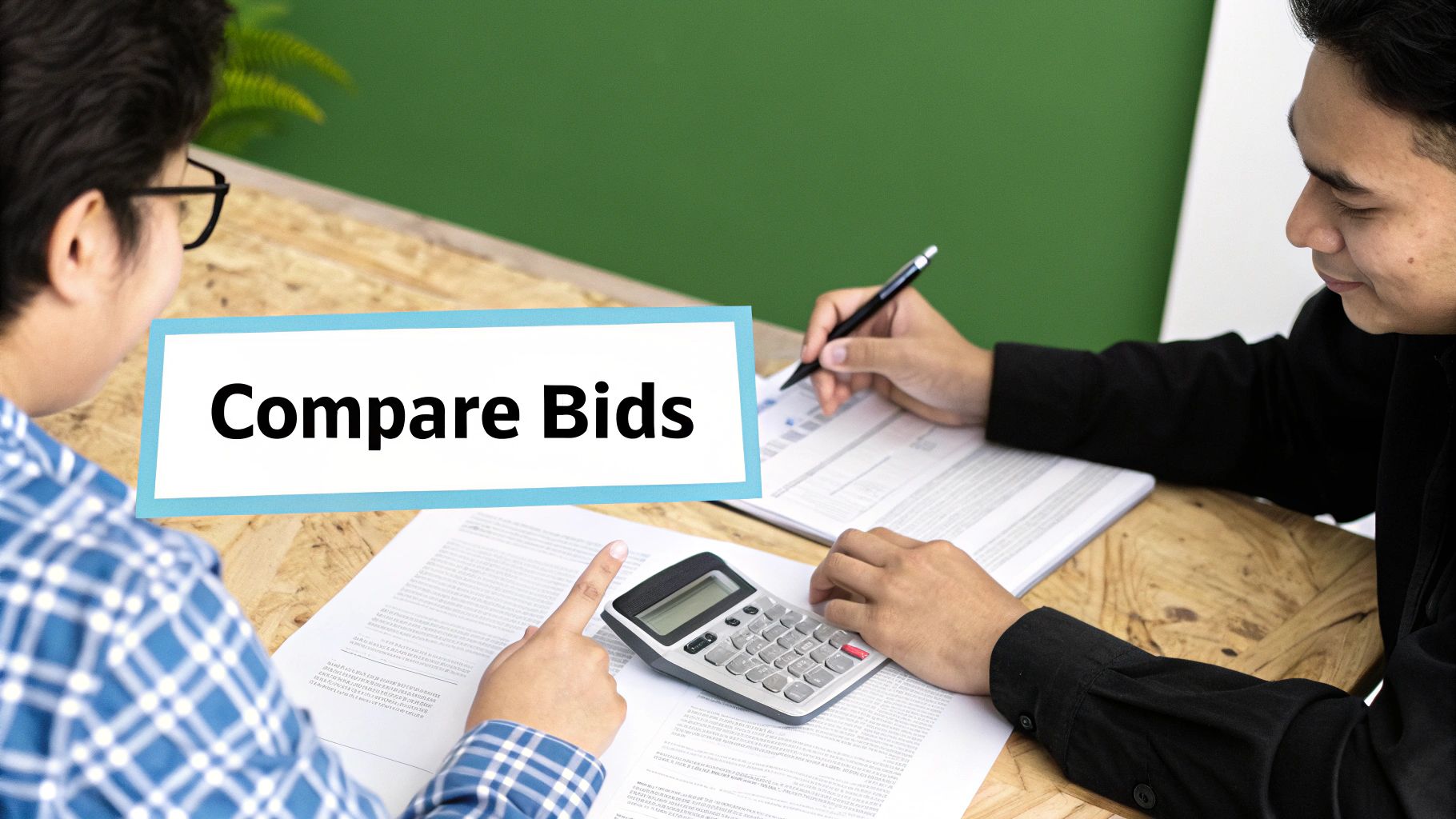How to Choose a Contractor The Right Way A contractor and client discussing an itemized bid document at a table.