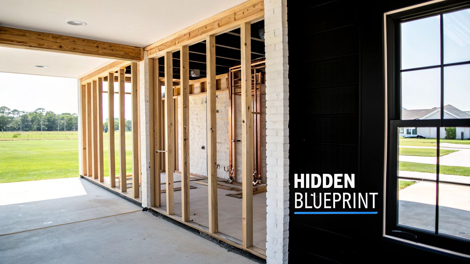 What Is Rough In Plumbing for Custom Homes Rough in plumbing construction showing wooden wall framing with exposed pipes and studs
