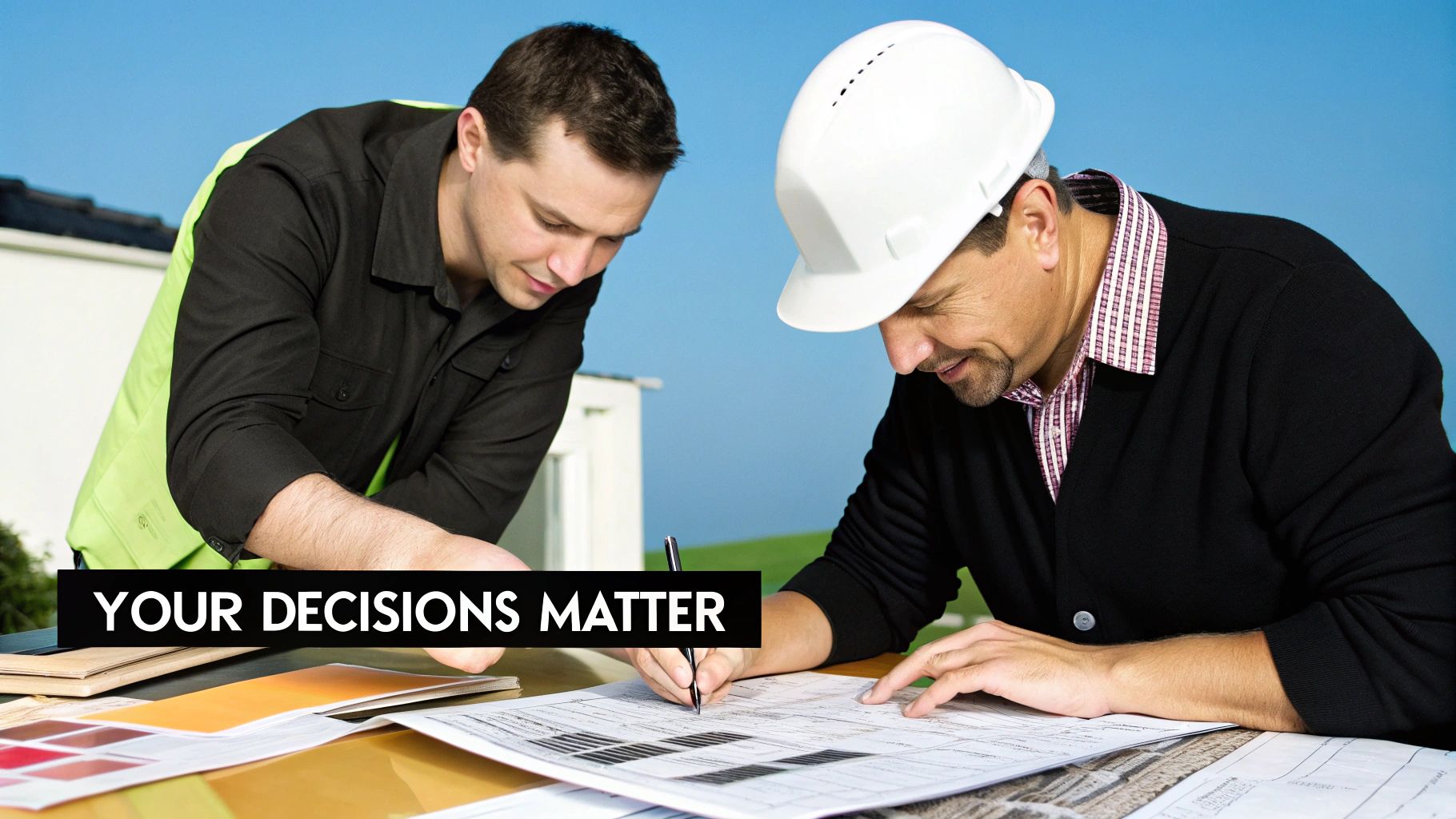 Two construction professionals review blueprints and color samples, discussing plans at a job site.