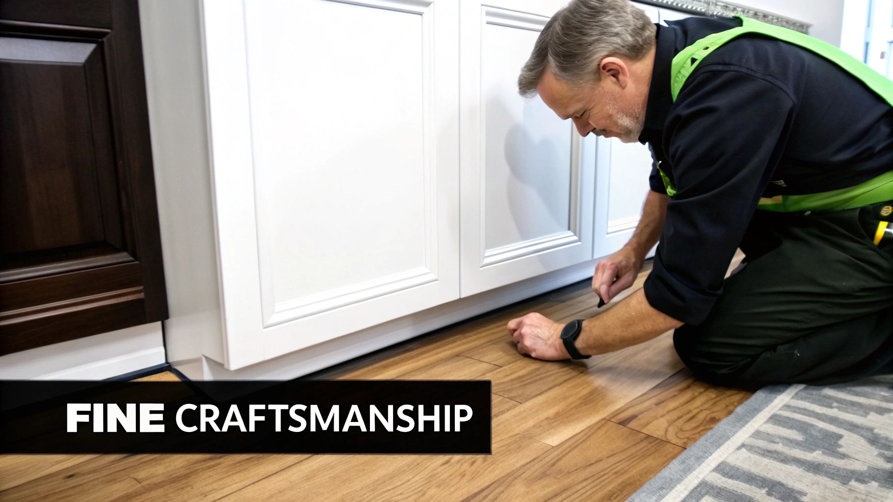 A man kneels, carefully examining the base of white kitchen cabinets and a wooden floor.
