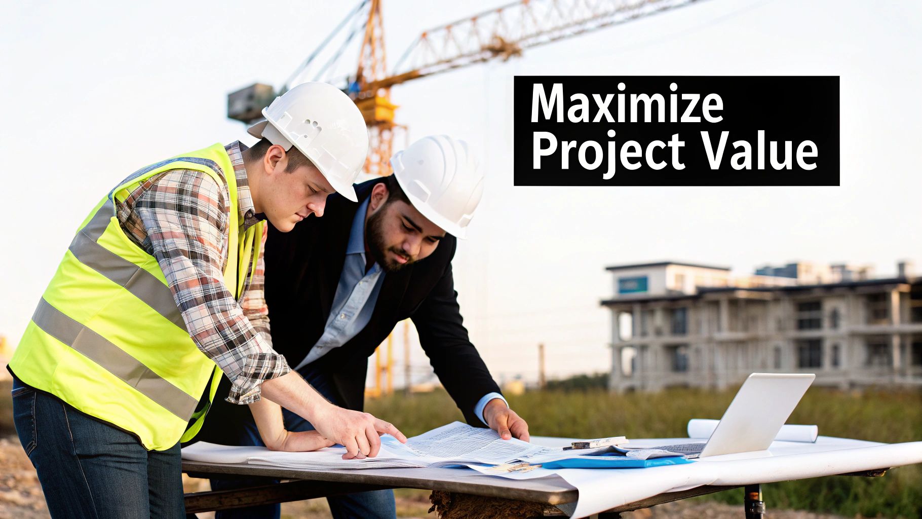 Engineers and architects collaborating on a construction blueprint, demonstrating value engineering.