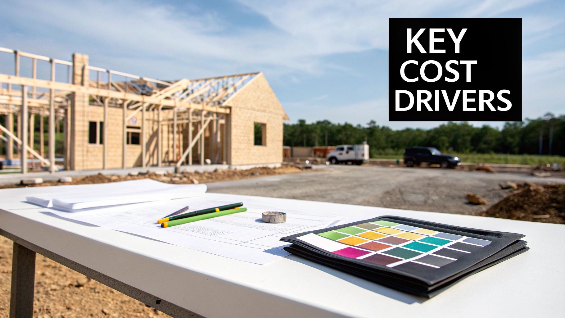 Construction site showing home framing with architectural plans and color swatches displaying key cost drivers