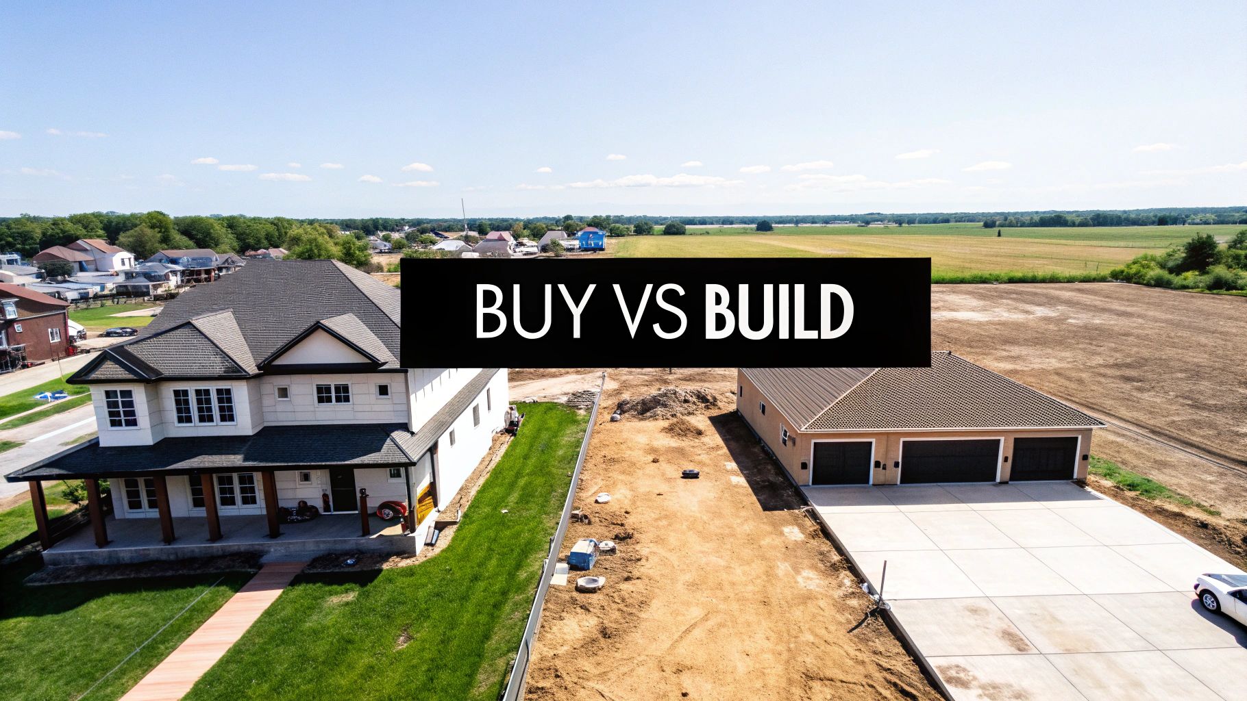 cost of buying vs building a home: A practical budget guide Two modern homes side-by-side, one newly built and one established, under a Tennessee sky.