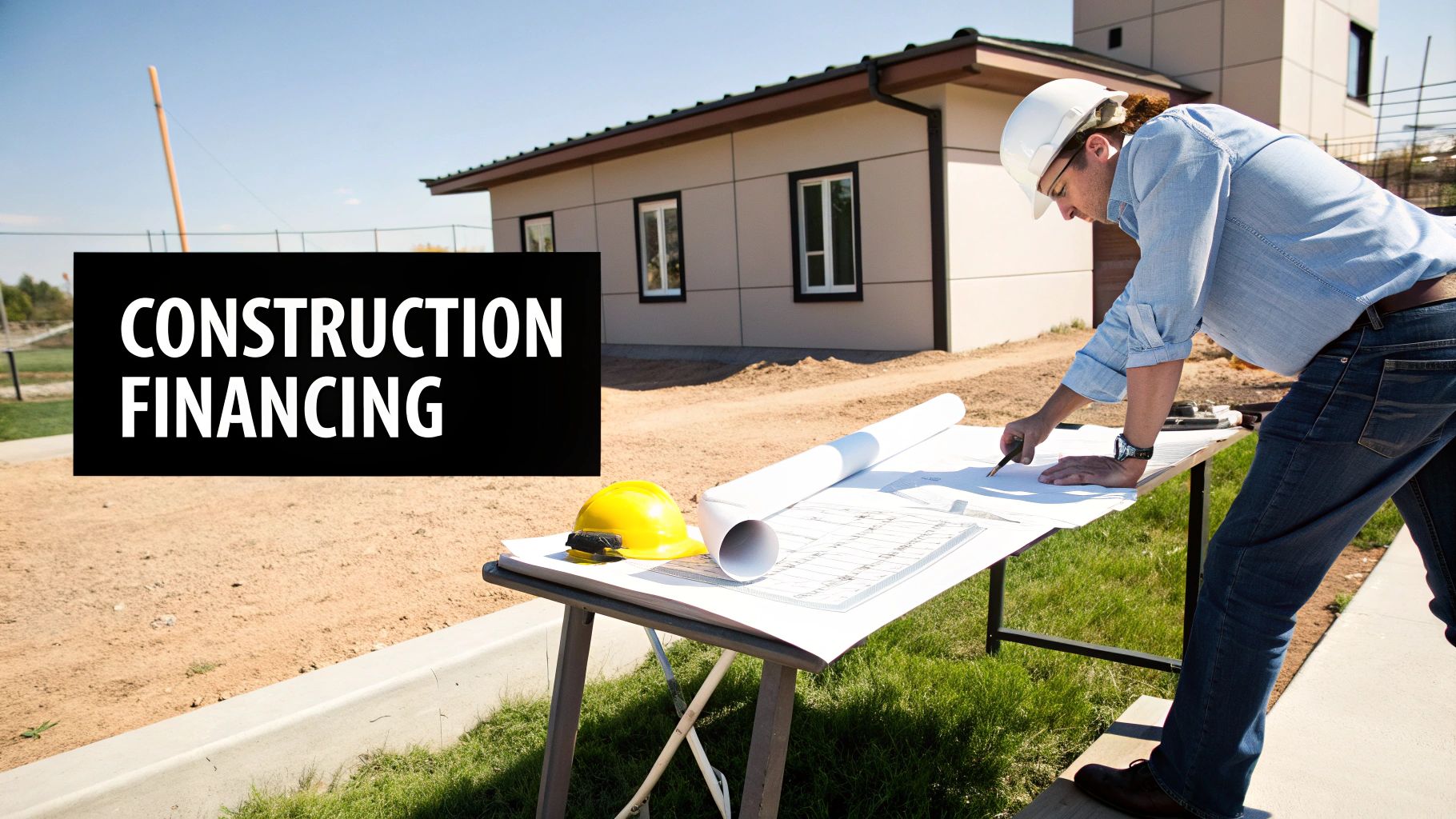 Two people reviewing architectural blueprints for a new home build