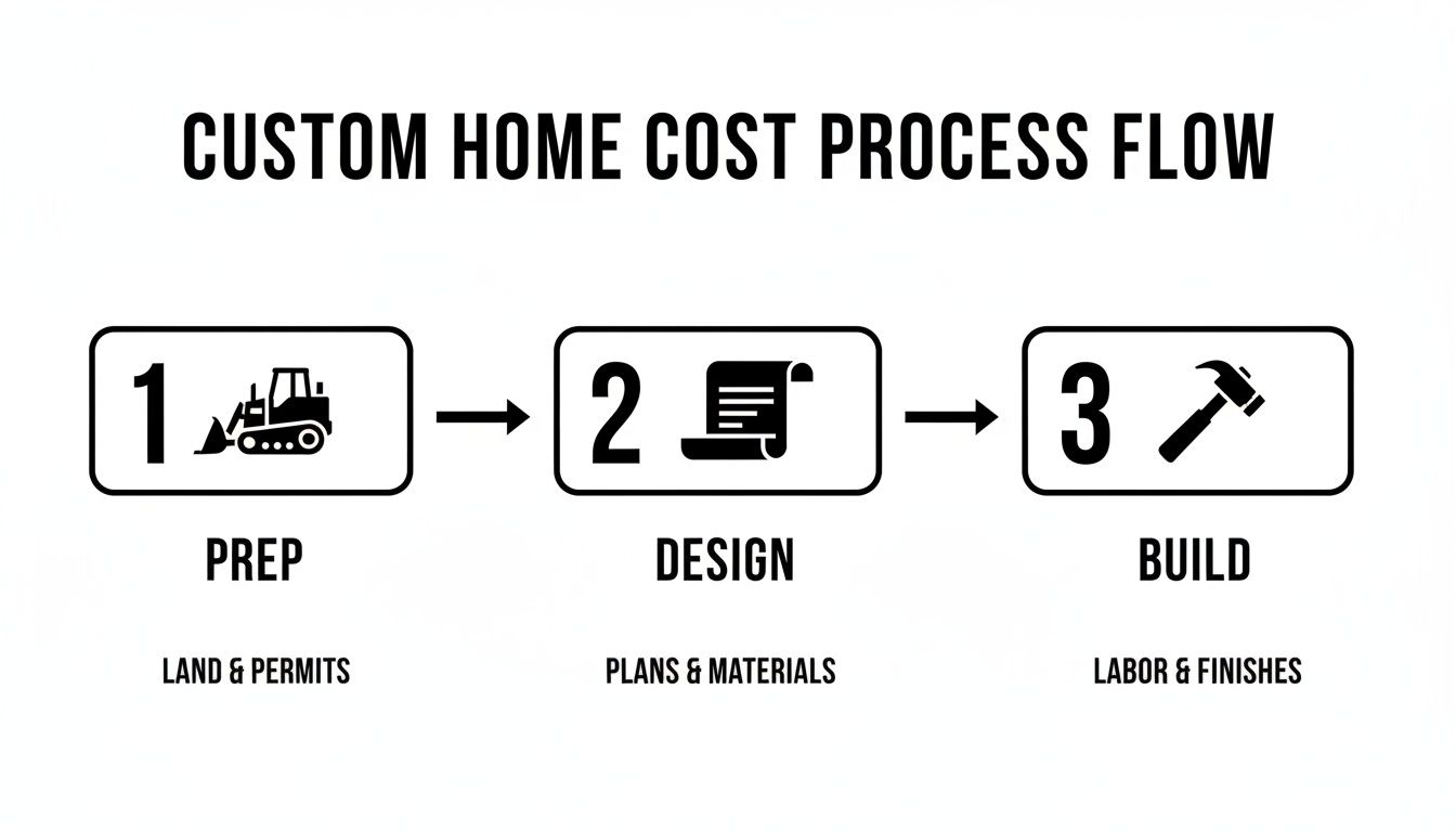 Flowchart illustrating the custom home cost process, detailing prep, design, and build stages with descriptions.