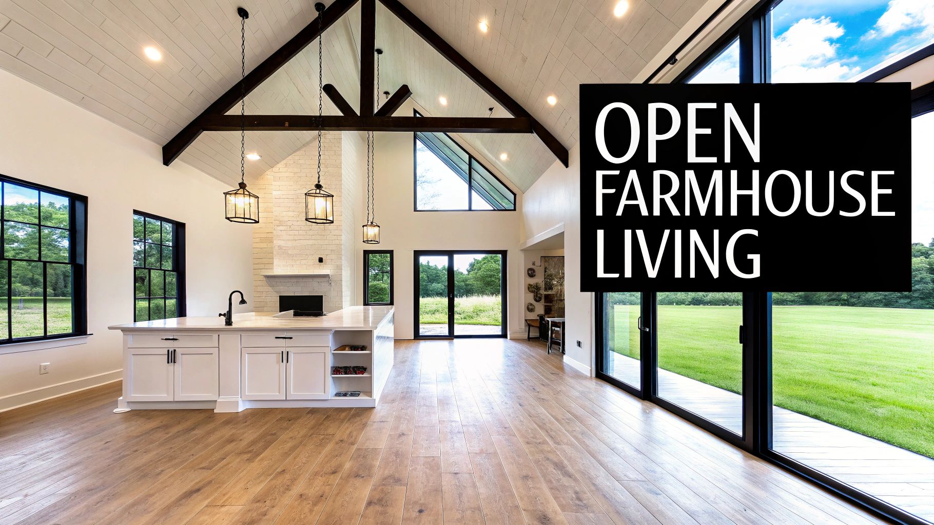 A bright, open-concept farmhouse living room and kitchen with vaulted ceilings, a large island, and scenic views.