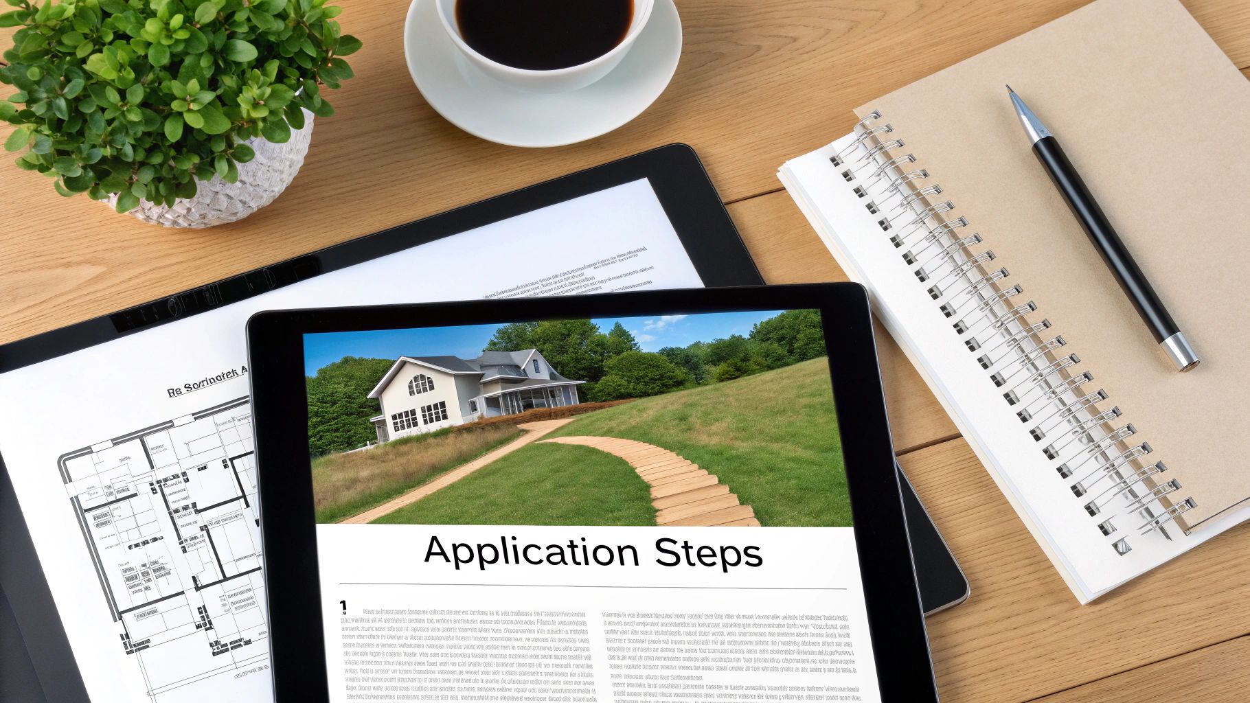 Overhead view of a desk with a tablet displaying a house application, blueprints, coffee, and a notebook.
