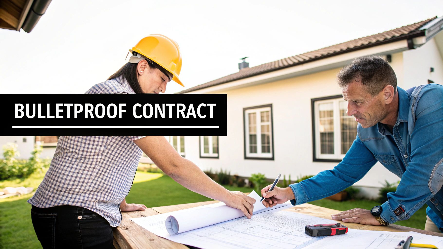 Residential Construction Contract Template: Bulletproof A modern home under construction with scaffolding and exposed framing, representing a residential construction project.