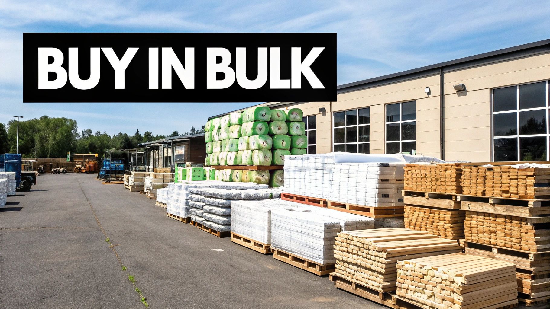 10 Strategic Ways to Save Money Building a House in Middle Tennessee Bulk building materials stacked on pallets at warehouse yard with buy in bulk text