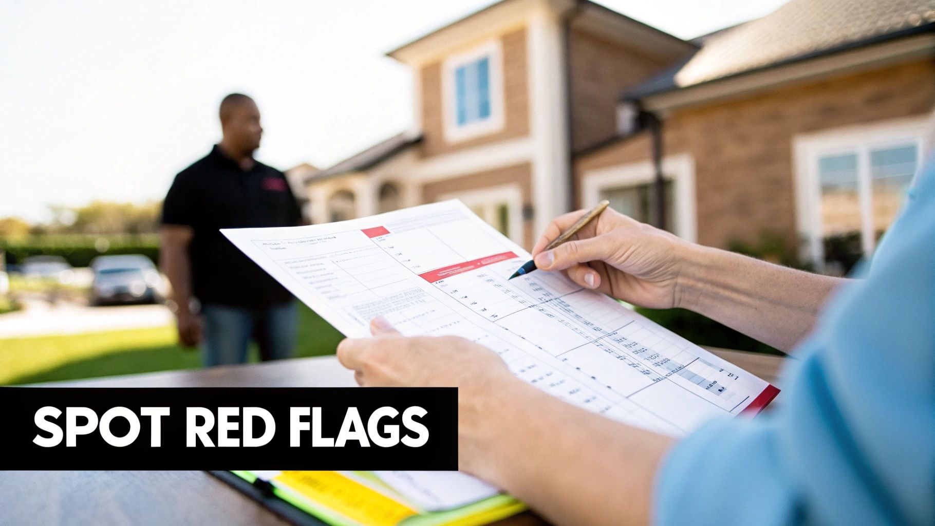 Close-up of hands reviewing a document with a pen, with a person and house in the background, text 'SPOT RED FLAGS'.