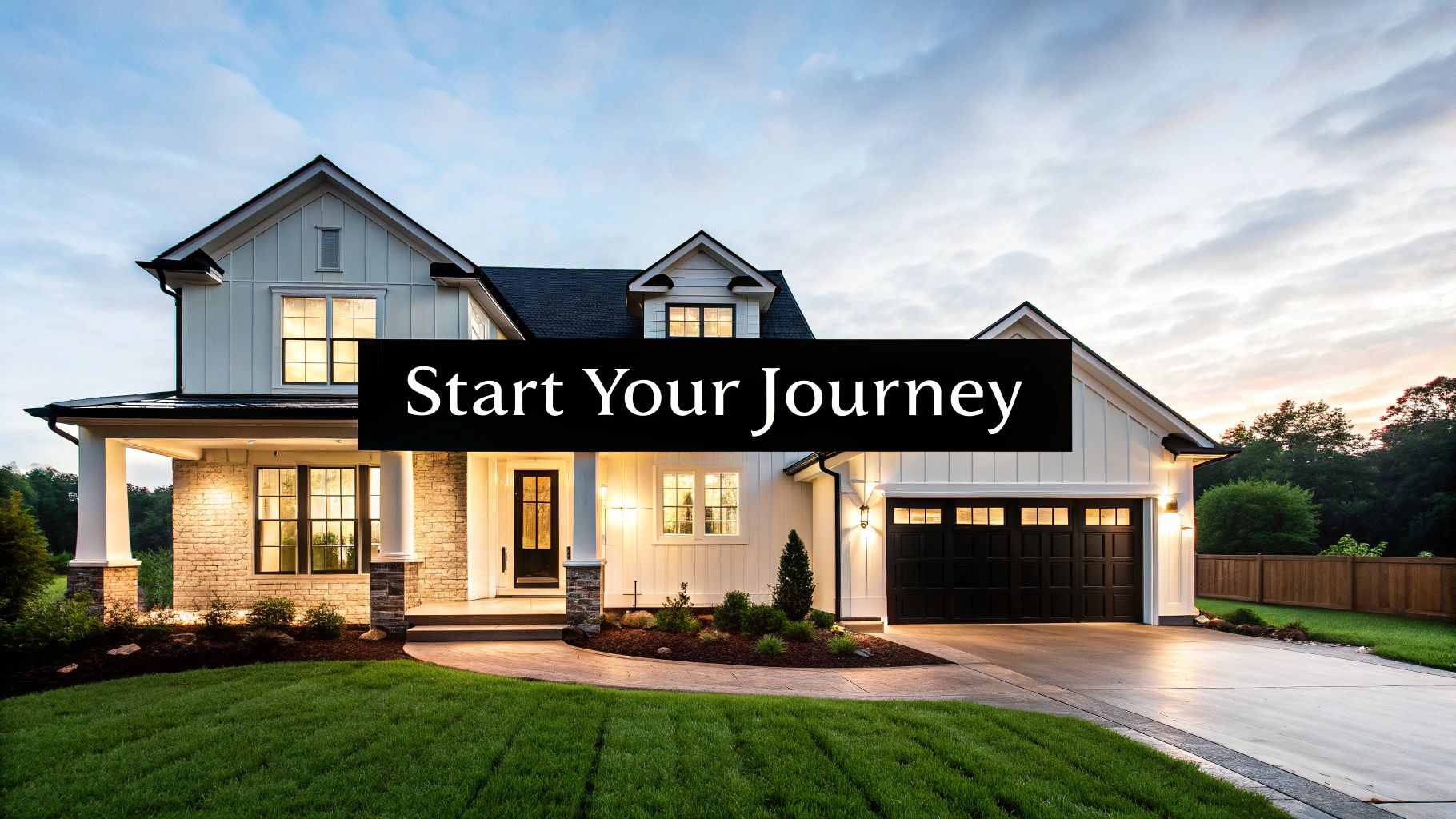 Transitional Home Builder Franklin TN: A Guide to Timeless Luxury A beautiful transitional home with white siding, black garage, and a green lawn. Text: Start Your Journey.