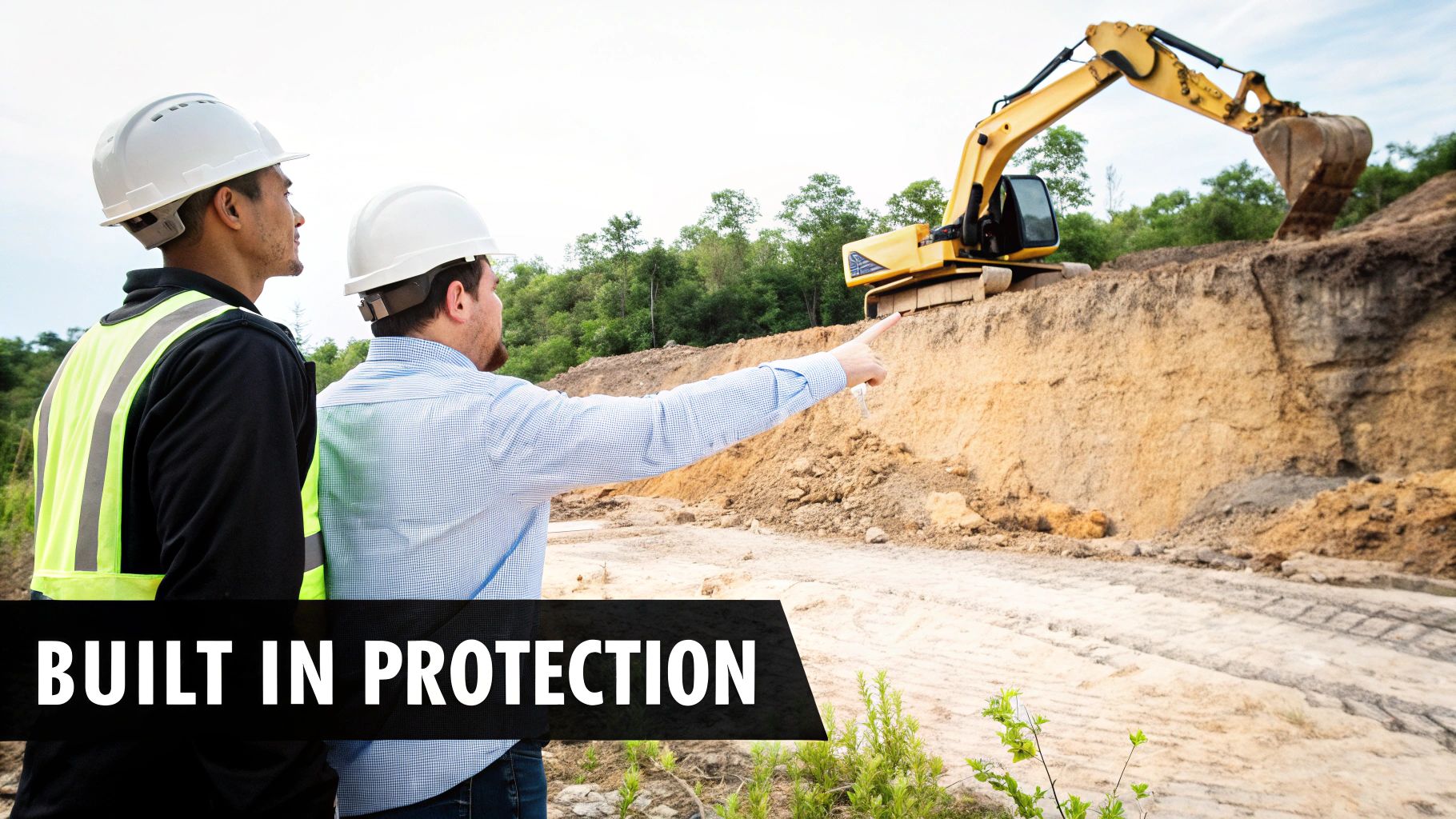 What is a Construction Contingency: A Guide to Protecting Your Investment Two construction workers in hard hats survey a construction site with an excavator, discussing the project.