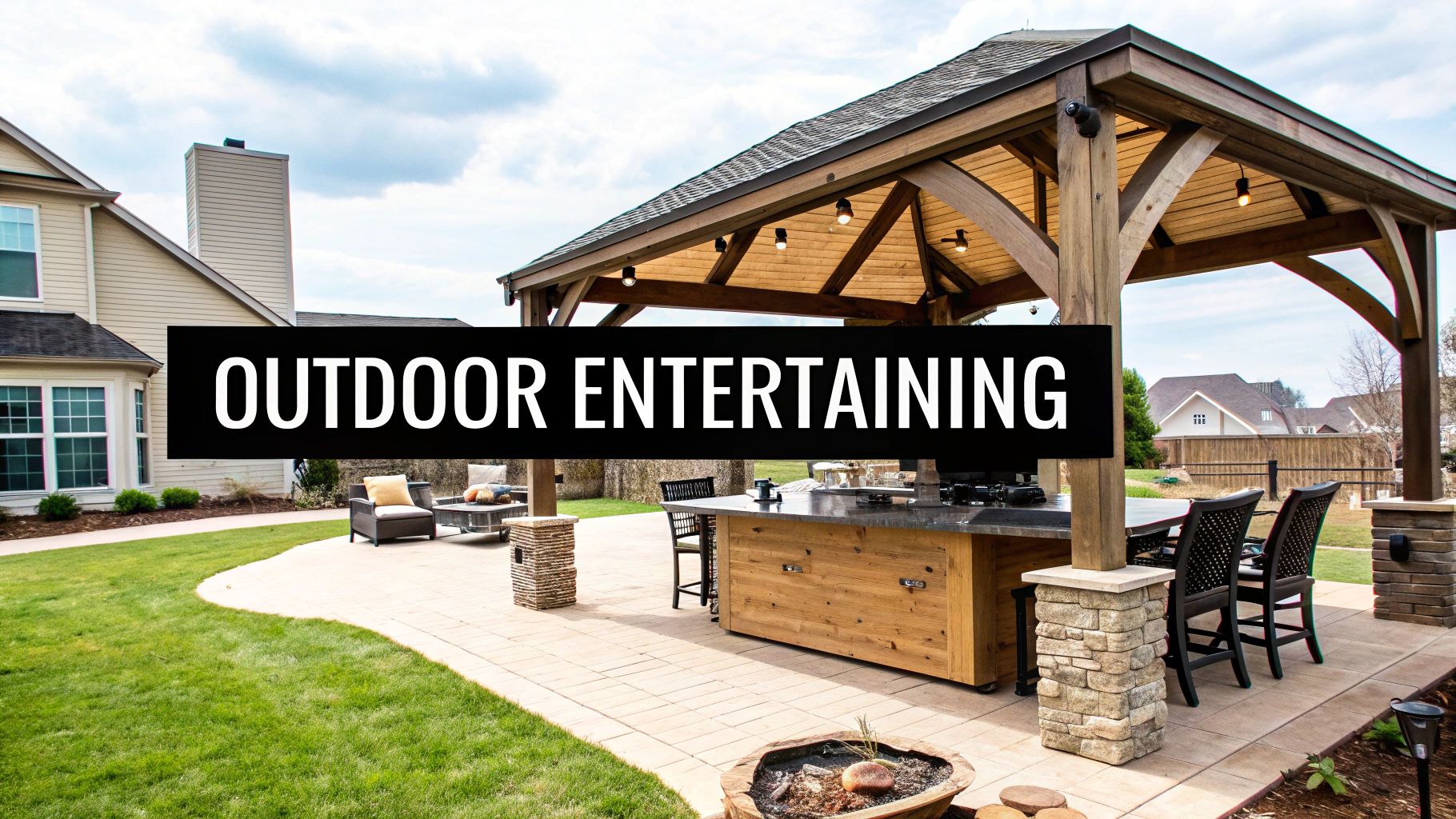 Luxurious outdoor entertaining area with a wooden pergola, outdoor kitchen, patio, and green lawn.