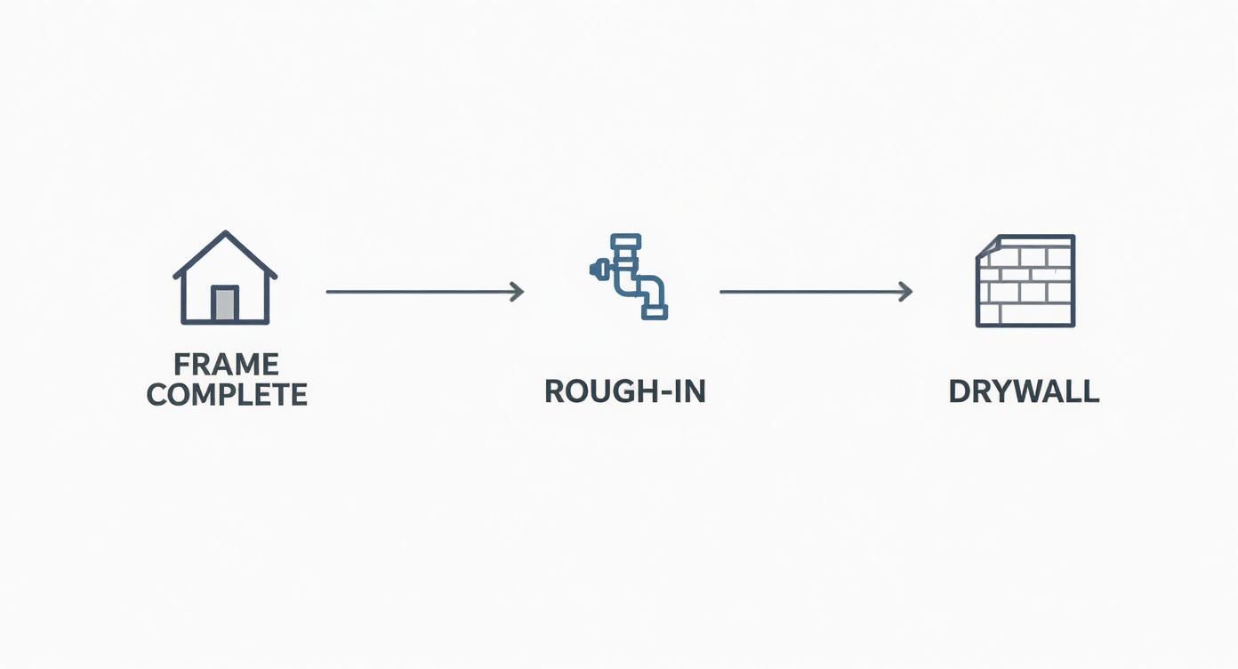 Construction stages diagram showing progression from frame complete to rough-in plumbing to drywall installation