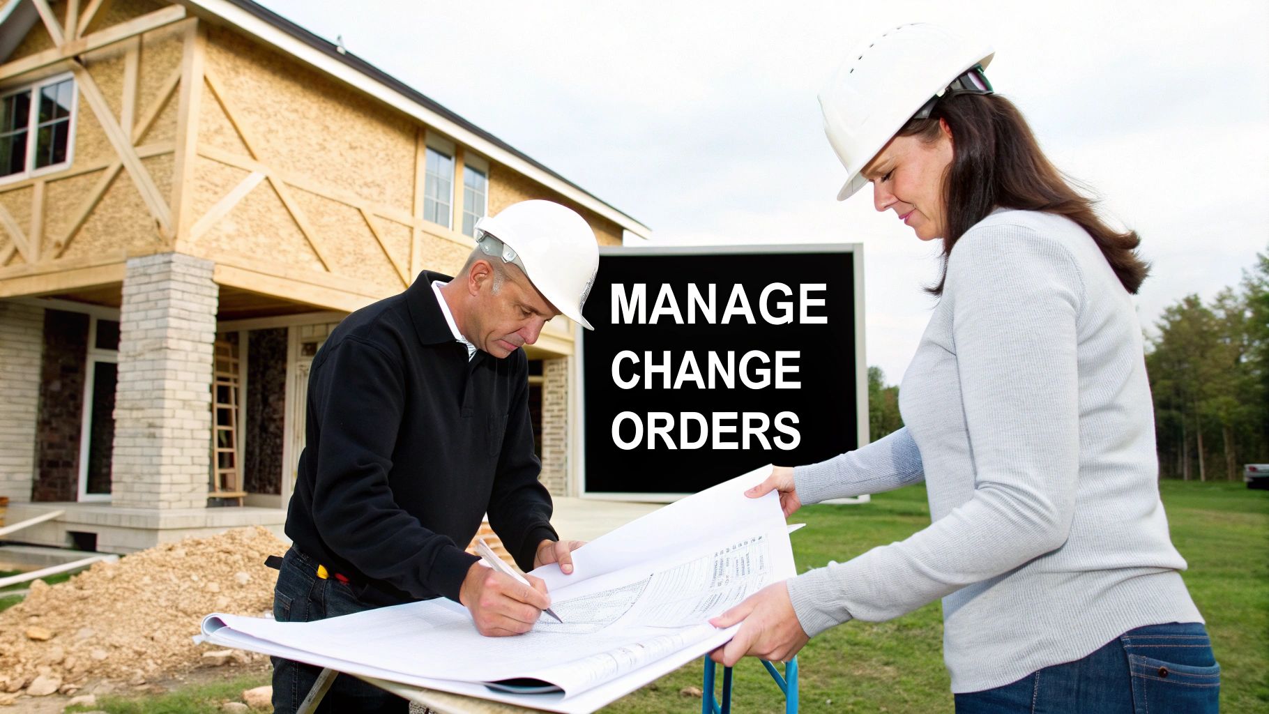 Two construction managers in hard hats reviewing blueprints at a building site with a 'Manage Change Orders' sign.