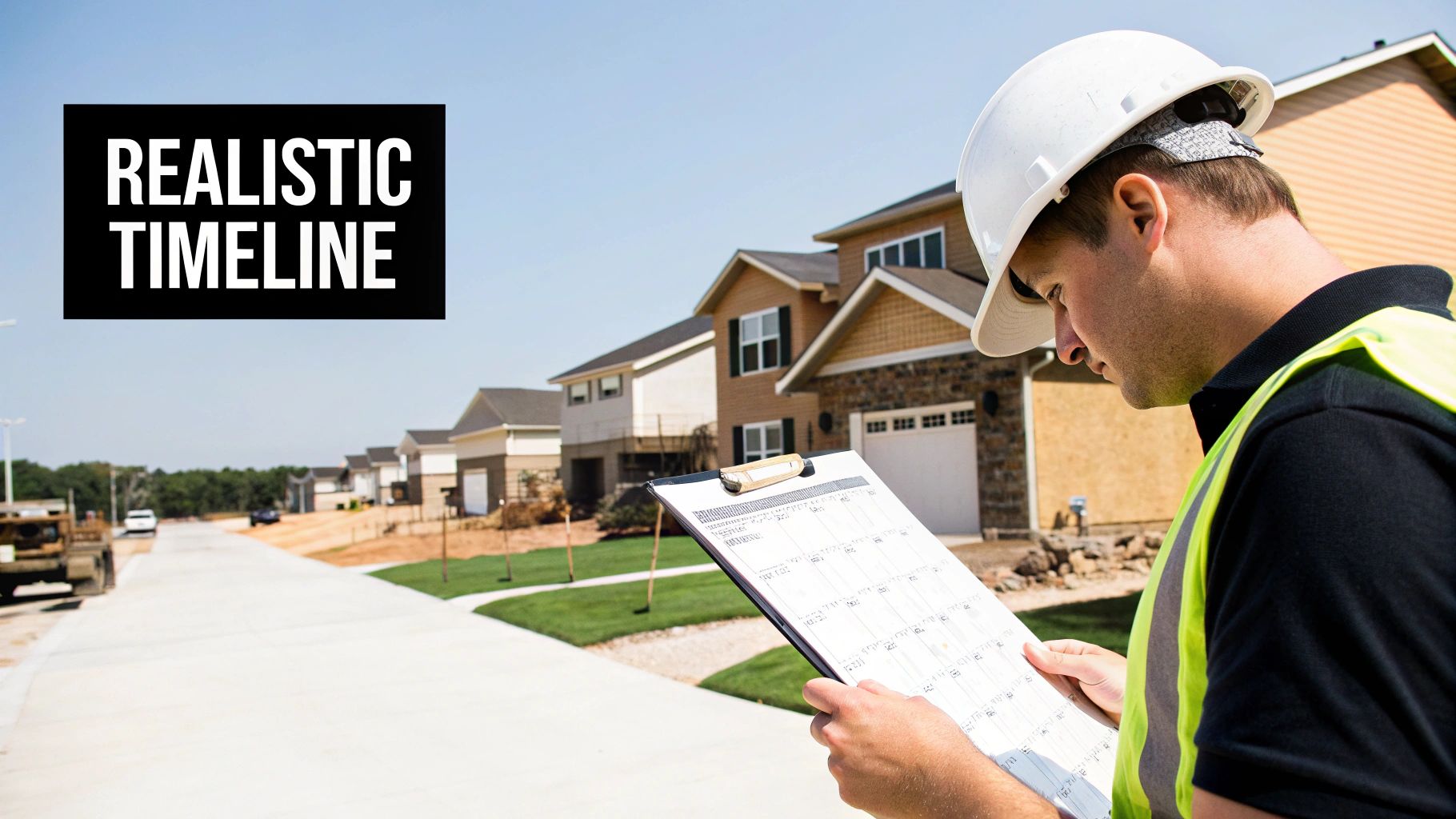 A Realistic New Home Construction Timeline Architectural blueprints for a new home build laid out on a table