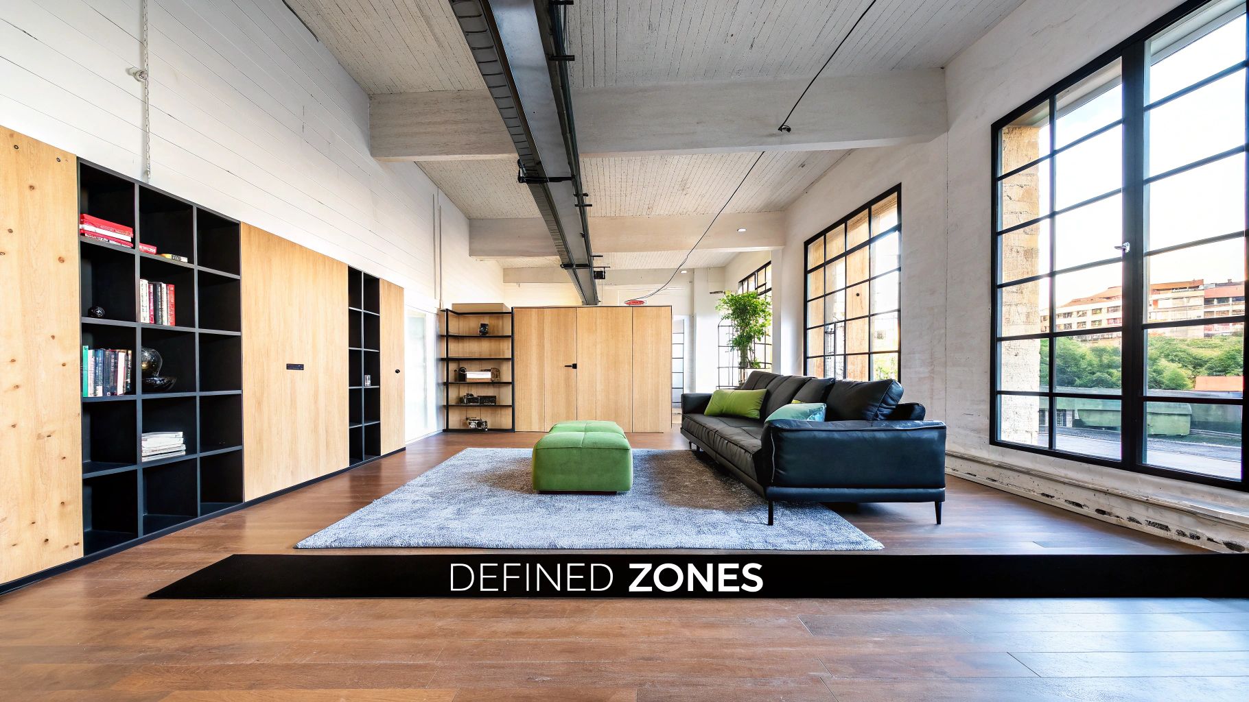 10 Luxury Open Floor Plan Design Ideas for Your Middle Tennessee Home A modern industrial-style open living room with a black sofa, green ottoman, and large windows.