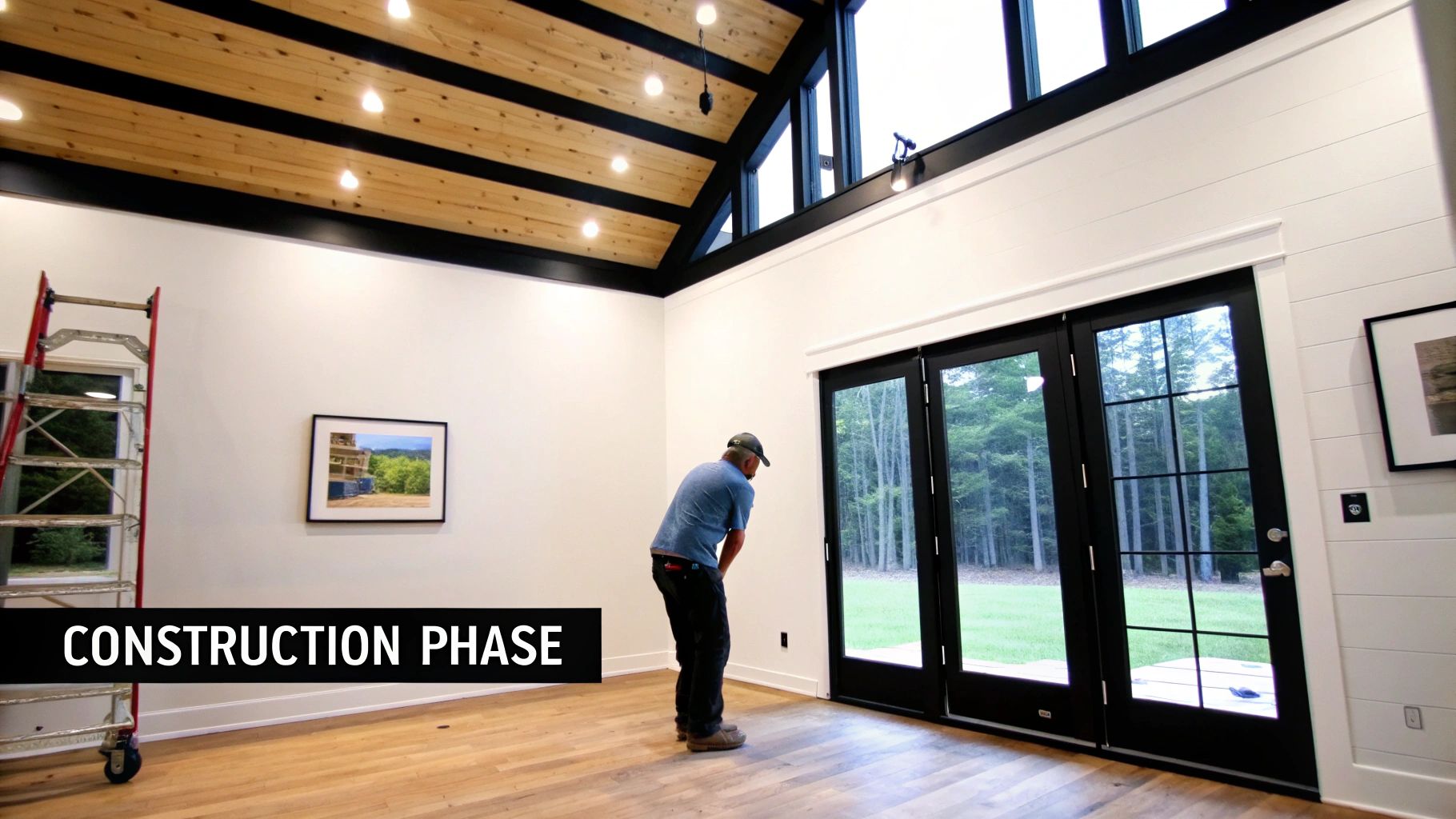 A high-end custom home in the framing stage of construction