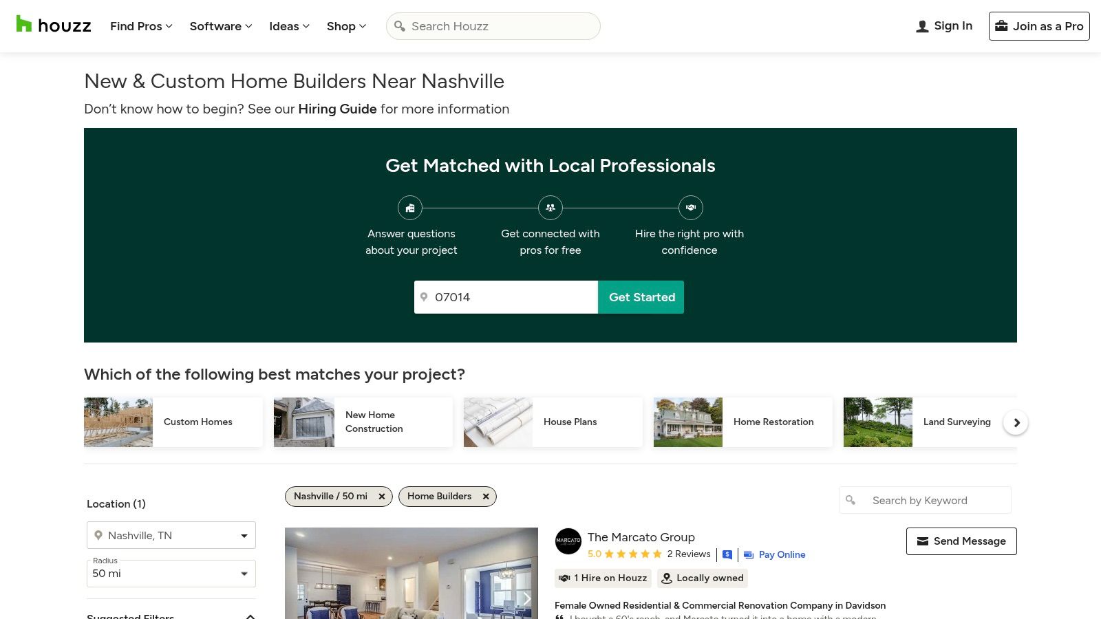 A screenshot of the Houzz website shows a search for home builders in Nashville, TN, with various builder profiles and project photos.