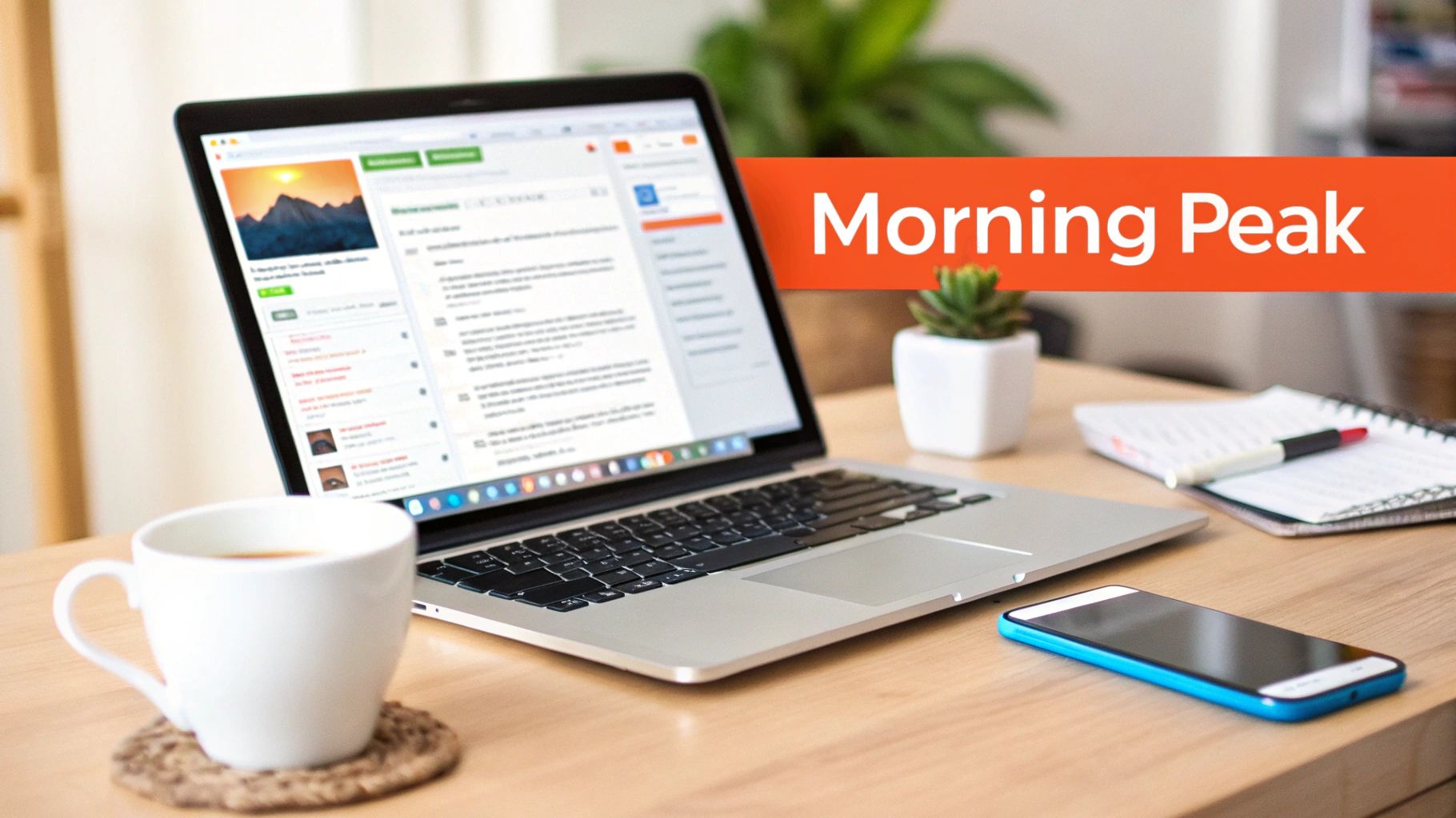 A laptop, coffee cup, and smartphone on a wooden desk, with a prominent 'Morning Peak' banner.