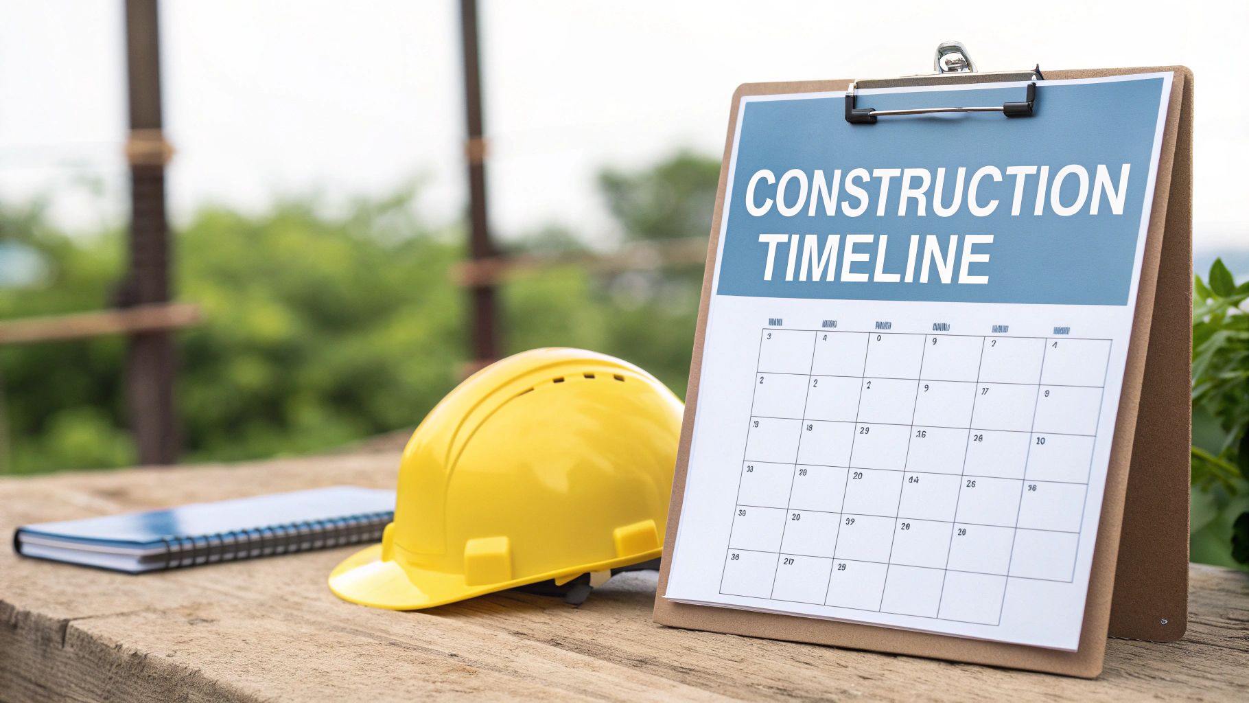 A yellow hard hat, notebook, and a construction timeline calendar on a wooden table, representing project planning.