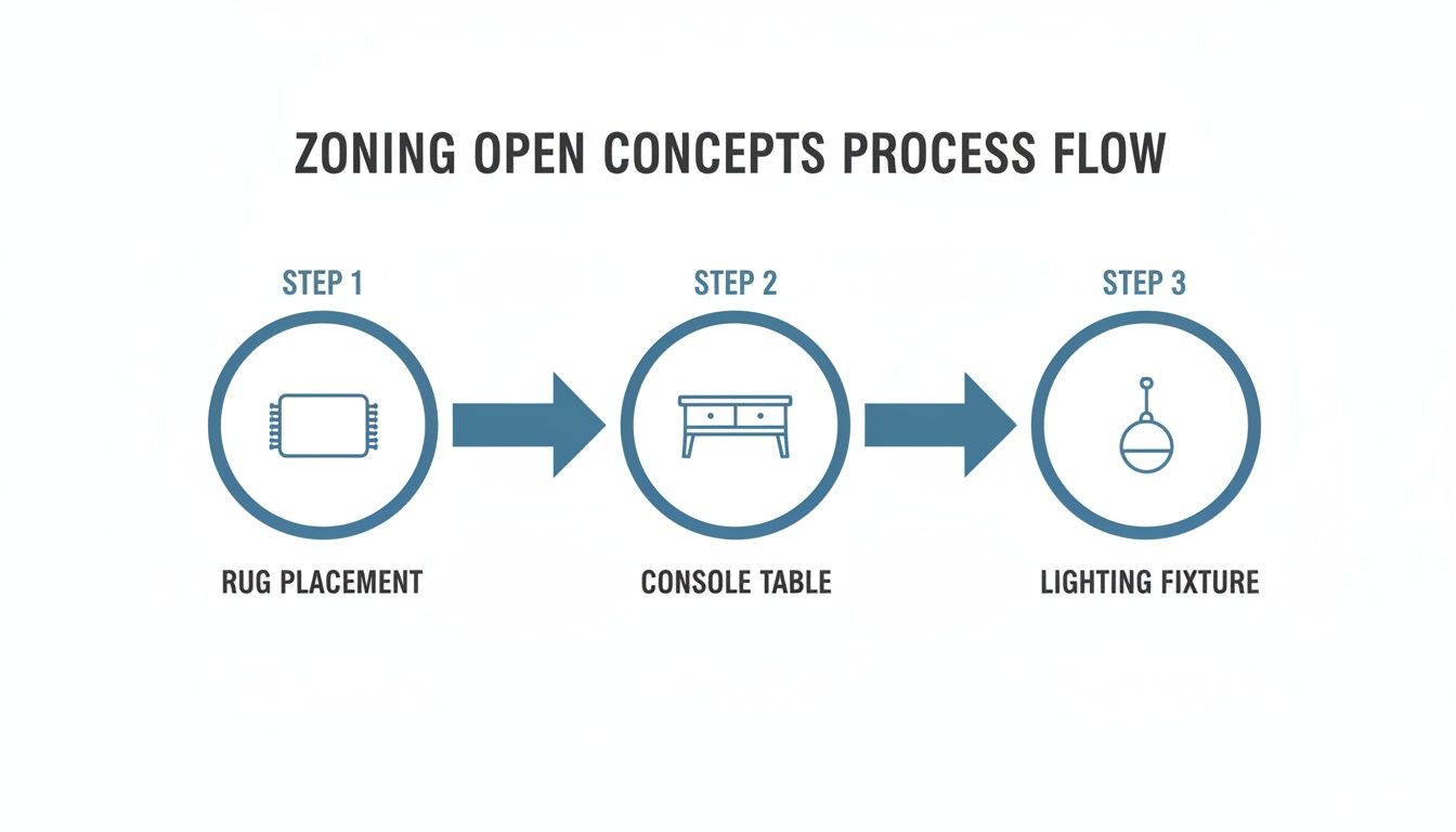 A process flow diagram showing three steps for zoning open concepts: rug placement, console table, and lighting fixture.