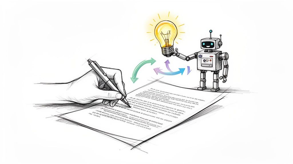 A sketch illustrating a hand writing on paper and a robot holding a glowing lightbulb, symbolizing human-AI collaboration.