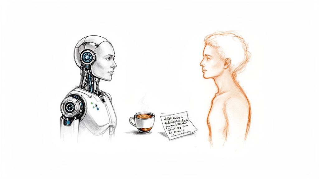 A sketch illustration of a humanoid robot and a human facing each other, with a coffee cup.