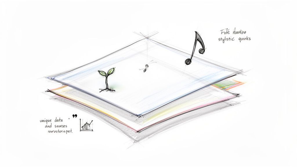 A sketch illustration of stacked paper layers with a growing sprout, musical notes, and text about data.