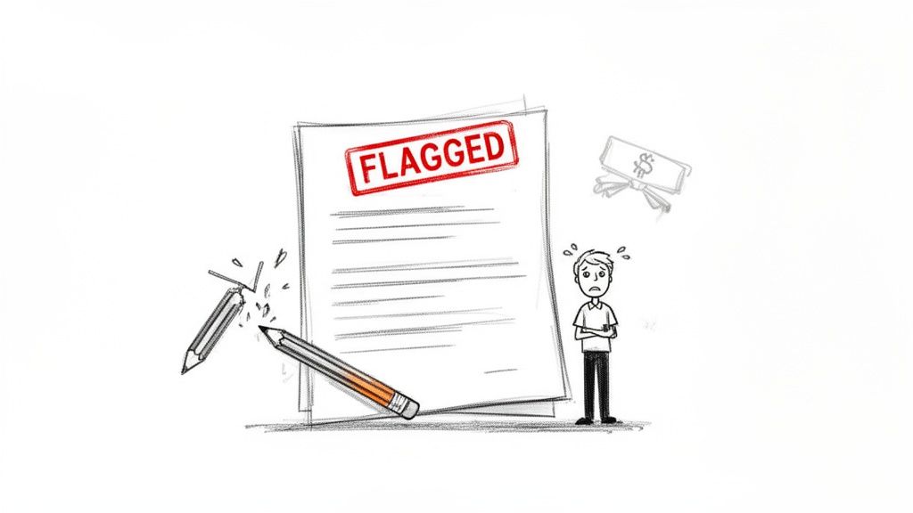 Cartoon illustration of a document stamped 'FLAGGED', broken pencils, and a worried person.