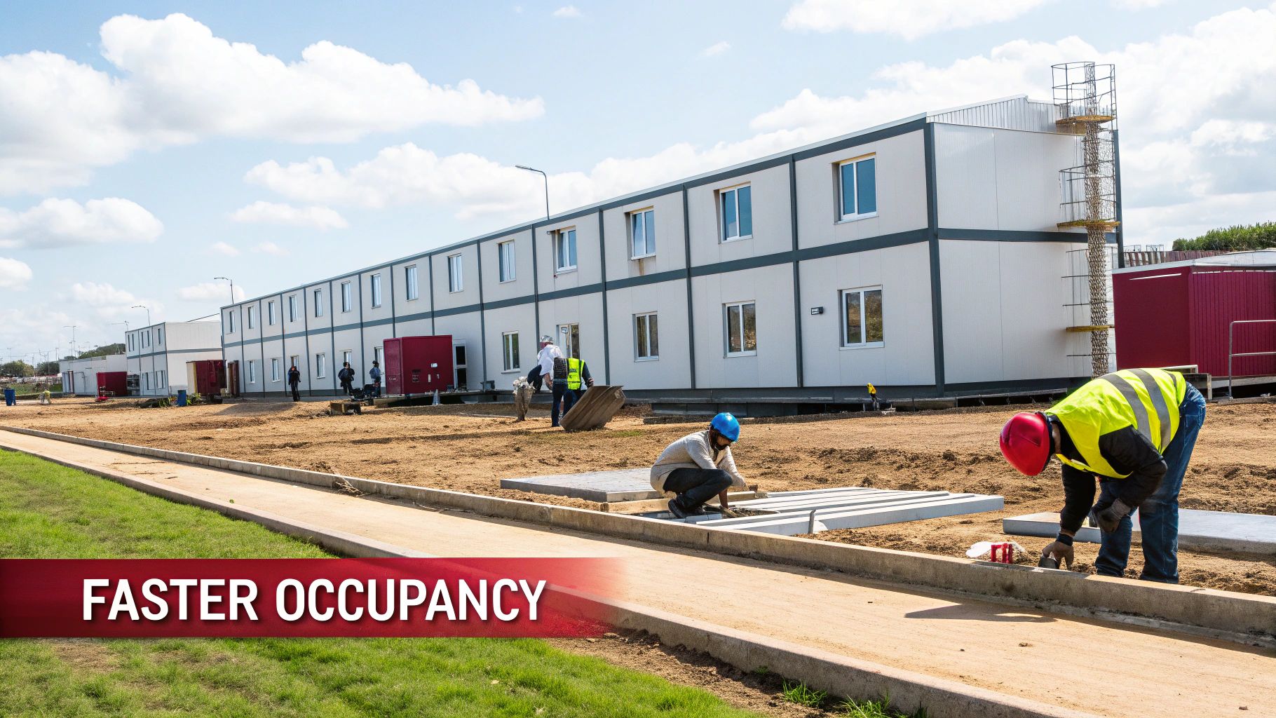 Construction workers assemble modular buildings on a site under a clear sky, highlighting faster occupancy.