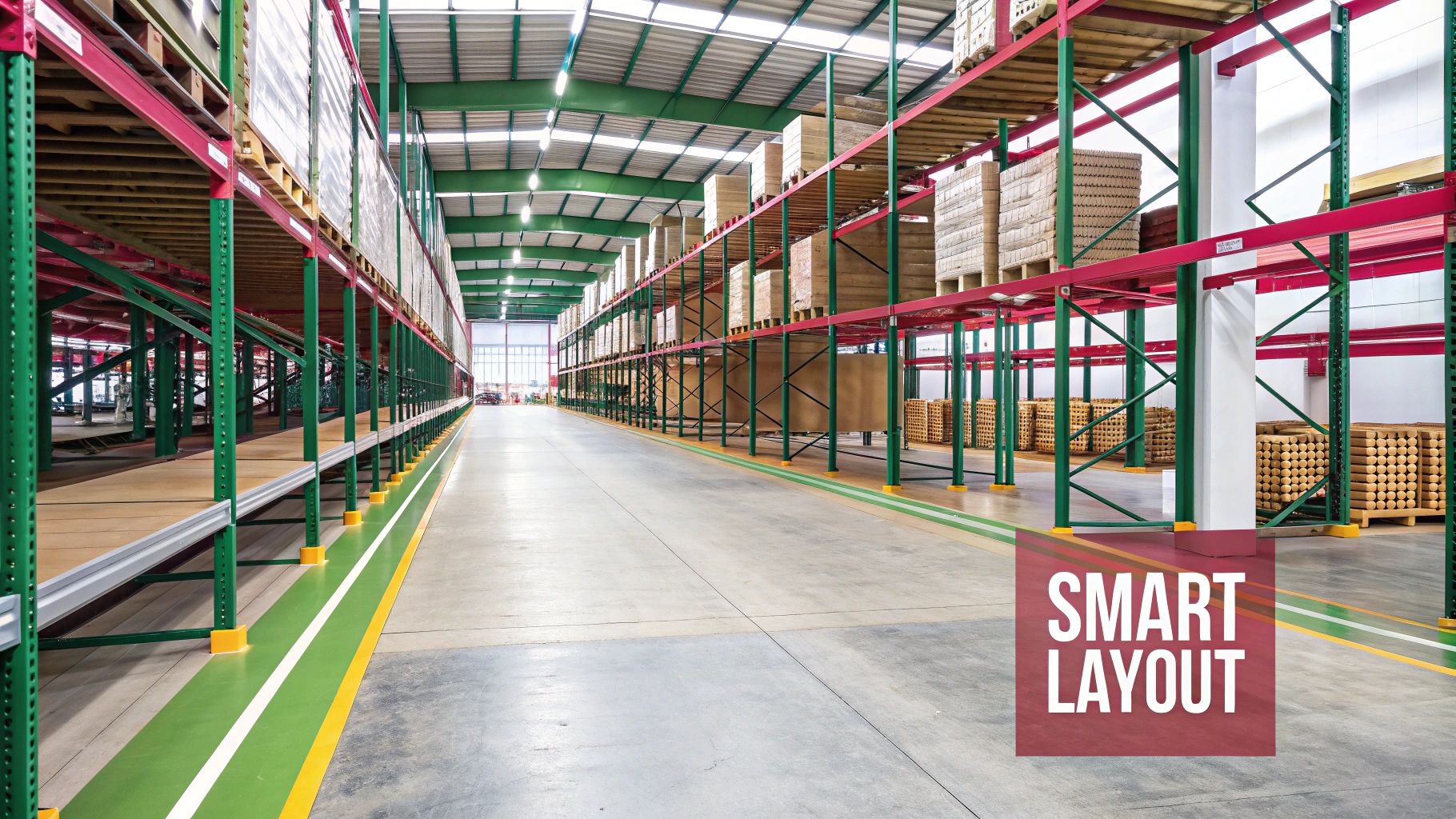 A clean, modern warehouse aisle with tall racks filled with packaged products, showcasing an efficient layout.