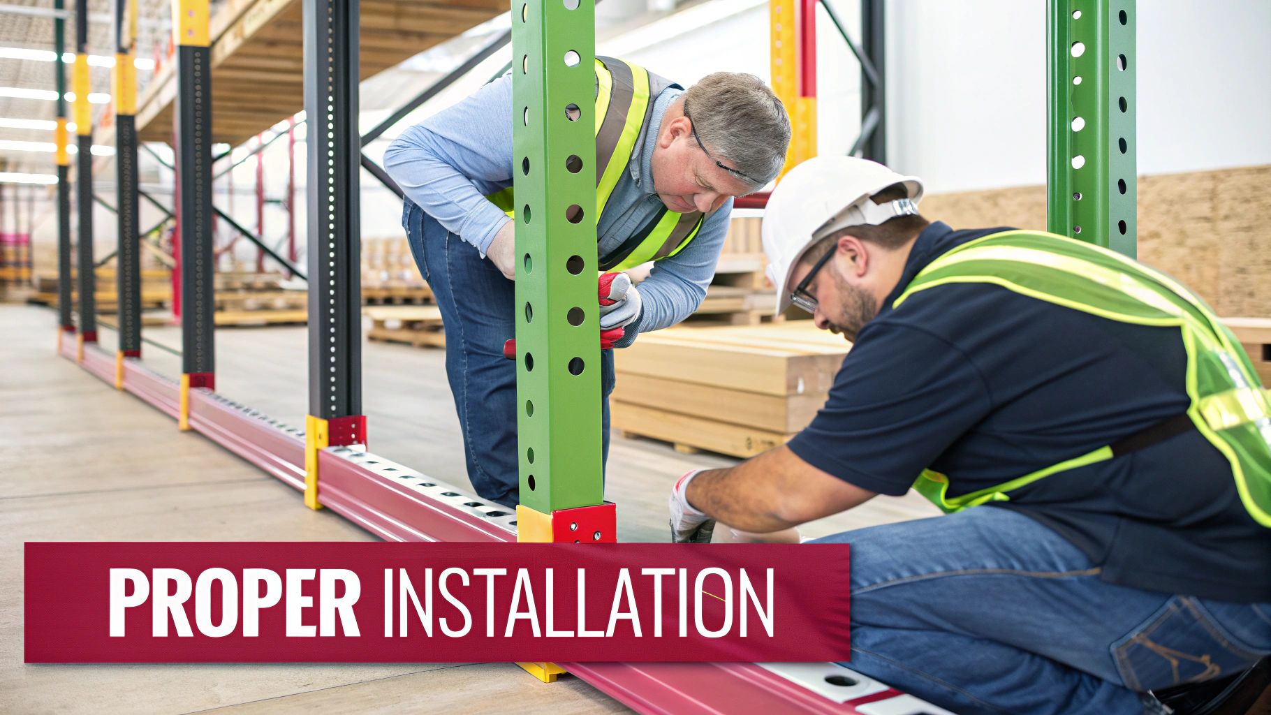 Two workers in safety gear diligently installing a new green and red pallet racking system in a warehouse.