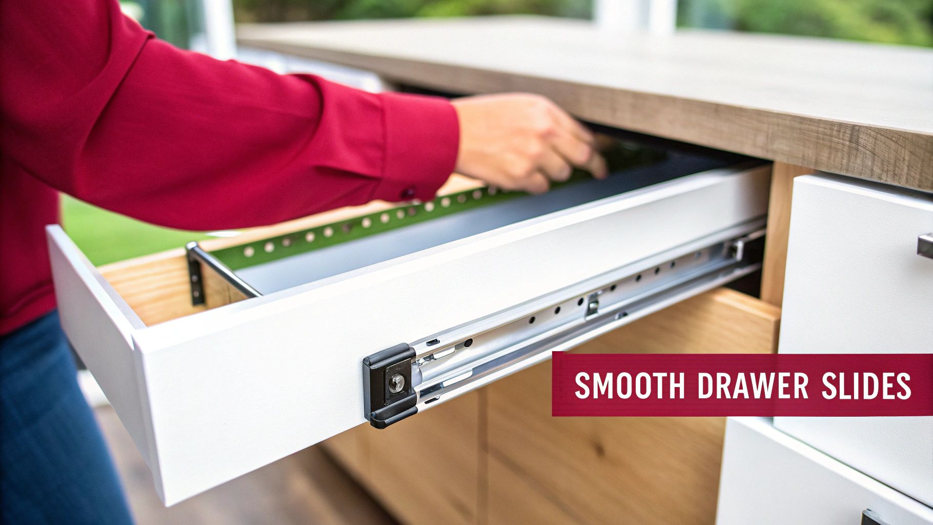 A person reaches into an open white drawer, revealing smooth metal slides in a cabinet.