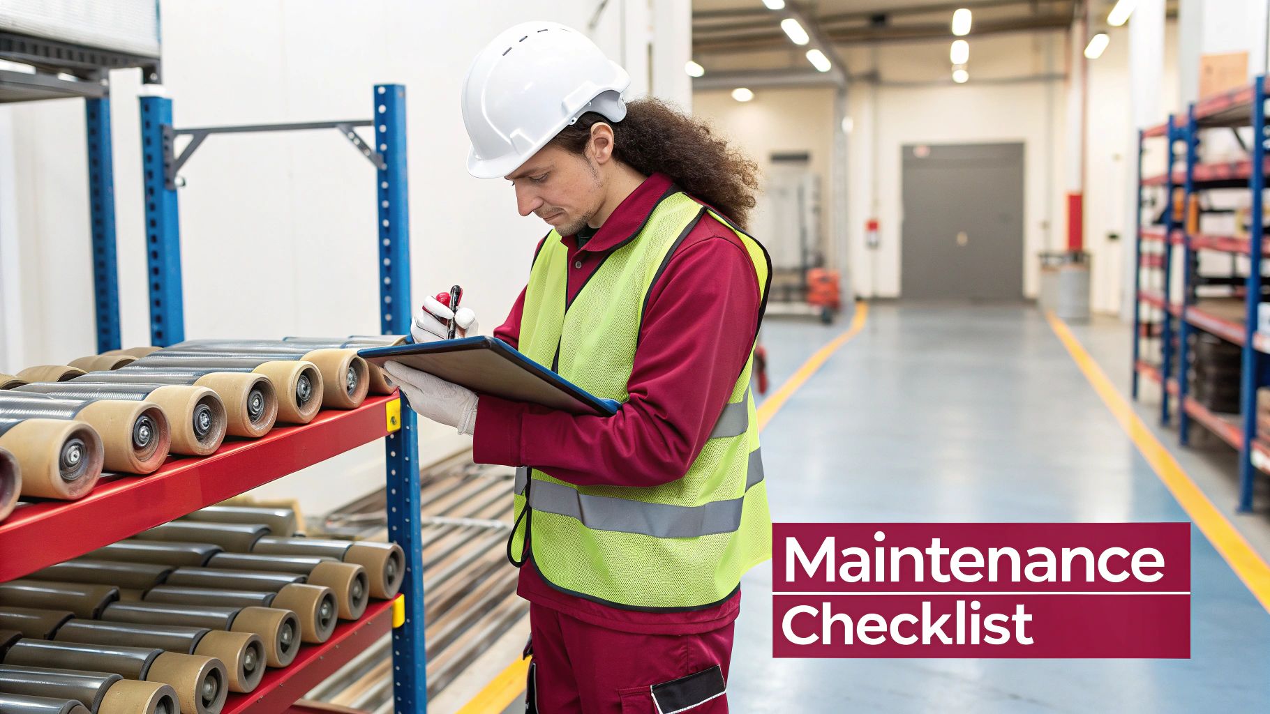 A worker in a hard hat and safety vest inspecting a gravity flow rack system with a checklist.