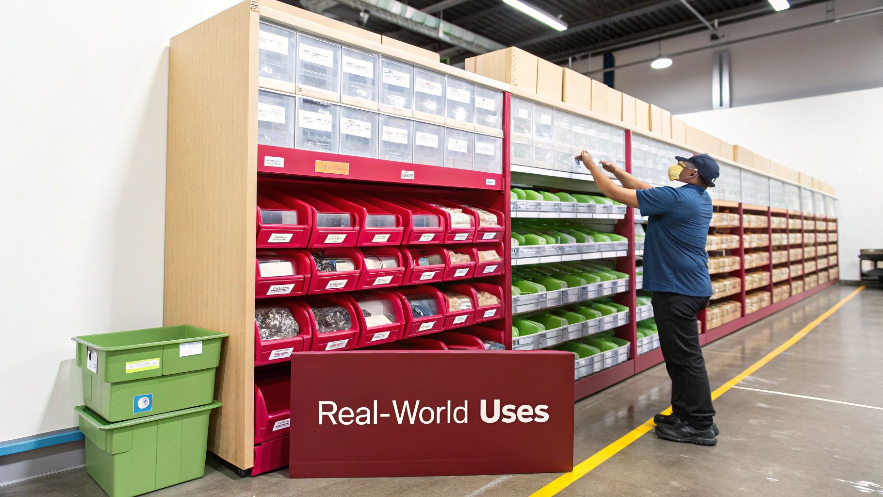 A worker in a cap and mask organizing items in wall-mounted bins in a bright warehouse.