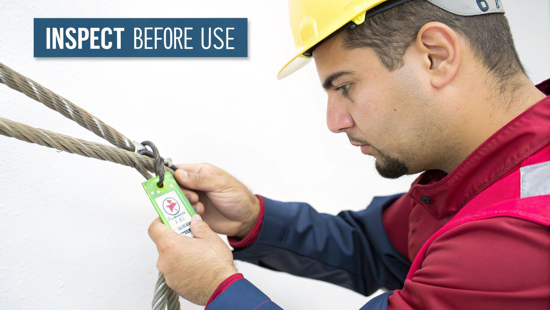 A man in a hard hat inspects a wire rope sling with a green tag, emphasizing safety.