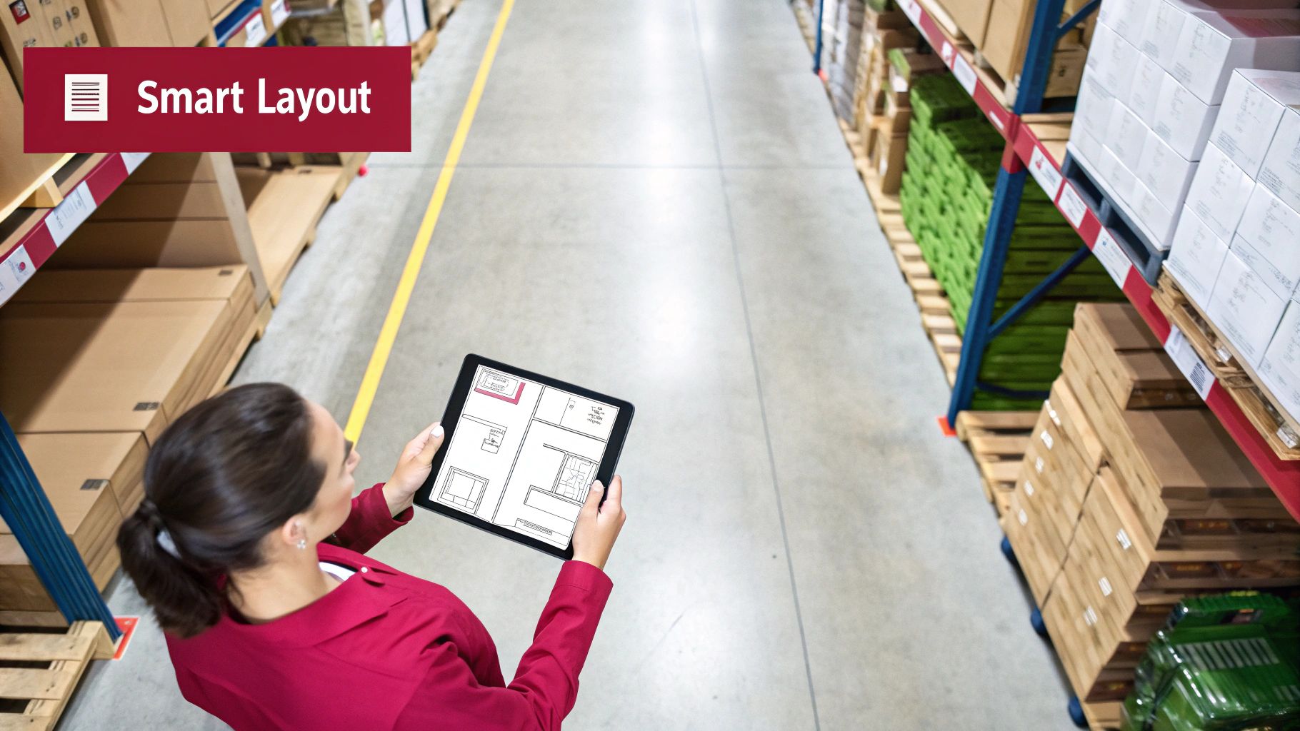A woman reviews a smart layout on a tablet in a well-organized warehouse aisle.