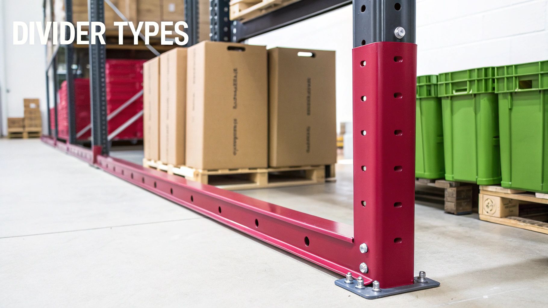 Red base dividers and column protectors on warehouse pallet racks with storage.
