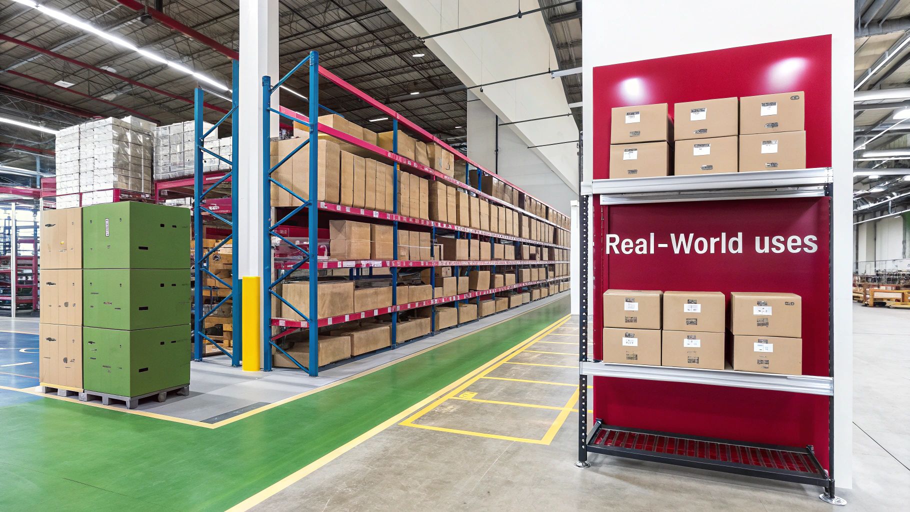 A large warehouse interior showcasing various shelving systems filled with cardboard boxes and stacked goods.
