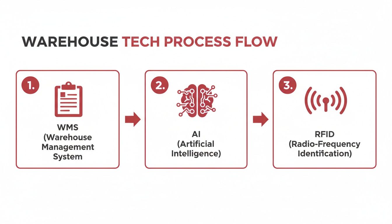 Diagram illustrating a warehouse technology process flow: WMS, AI, and RFID.