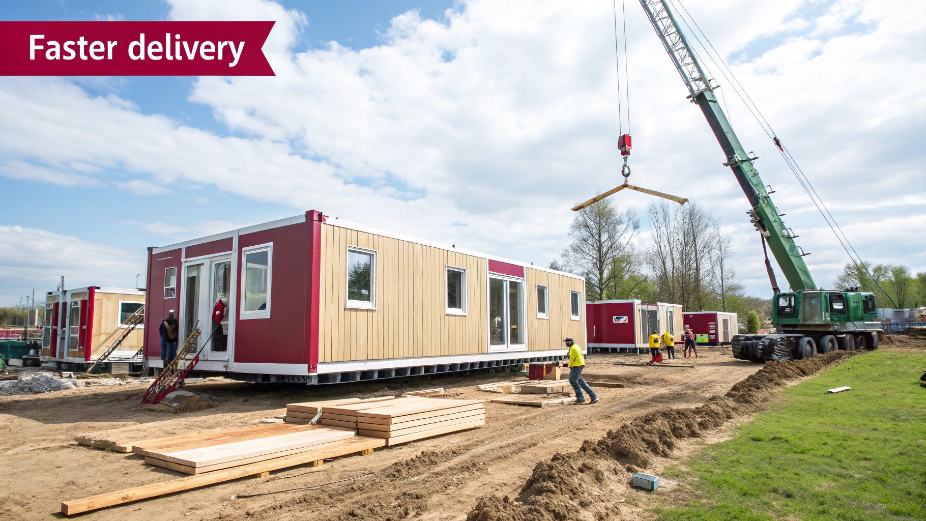 Construction site with modular buildings, a crane, and workers, emphasizing faster delivery.
