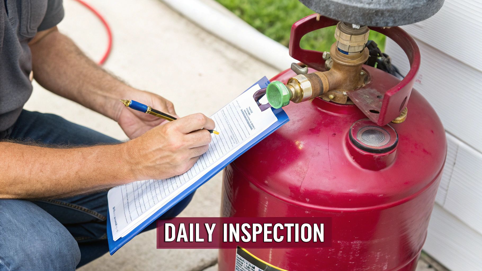 A person is performing a daily inspection, writing on a clipboard next to a red propane tank.