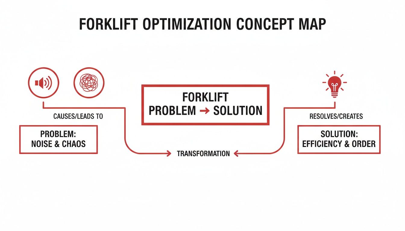 A concept map illustrating forklift optimization, showing problems like noise and chaos transforming into solutions of efficiency and order.